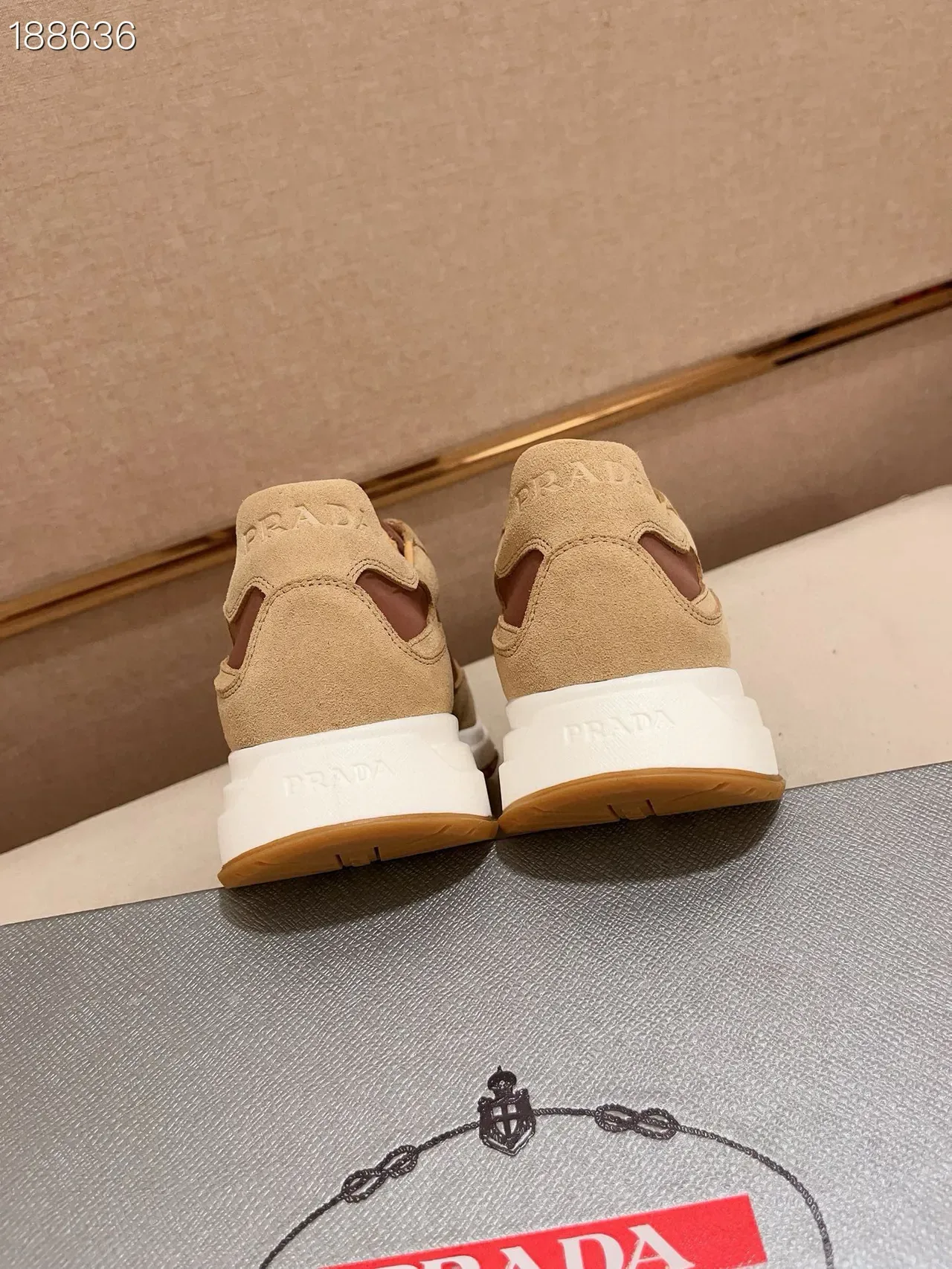 Prada Beige Brown Suede-Leather Panelled Triangular Logo Plaque Lifestyle Sneakers 2