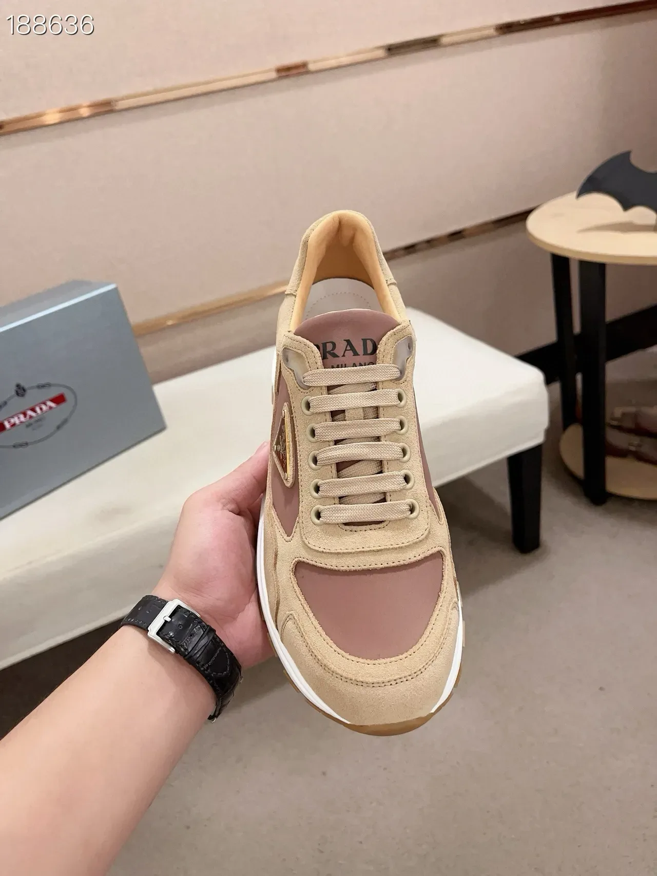 Prada Beige Brown Suede-Leather Panelled Triangular Logo Plaque Lifestyle Sneakers 4