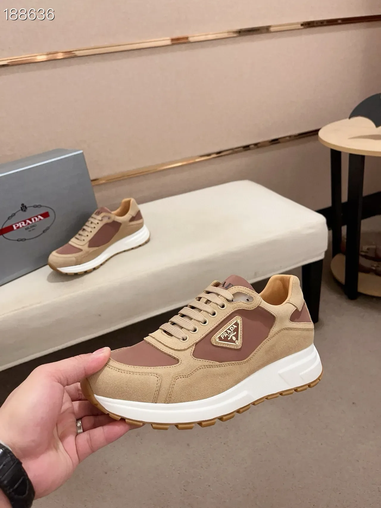 Prada Beige Brown Suede-Leather Panelled Triangular Logo Plaque Lifestyle Sneakers 5