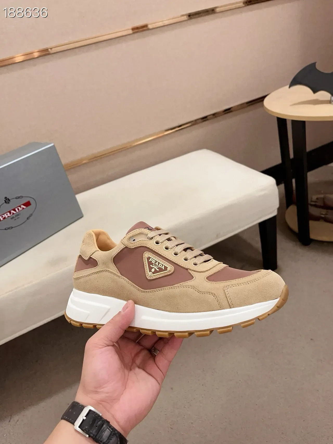 Prada Beige Brown Suede-Leather Panelled Triangular Logo Plaque Lifestyle Sneakers 7