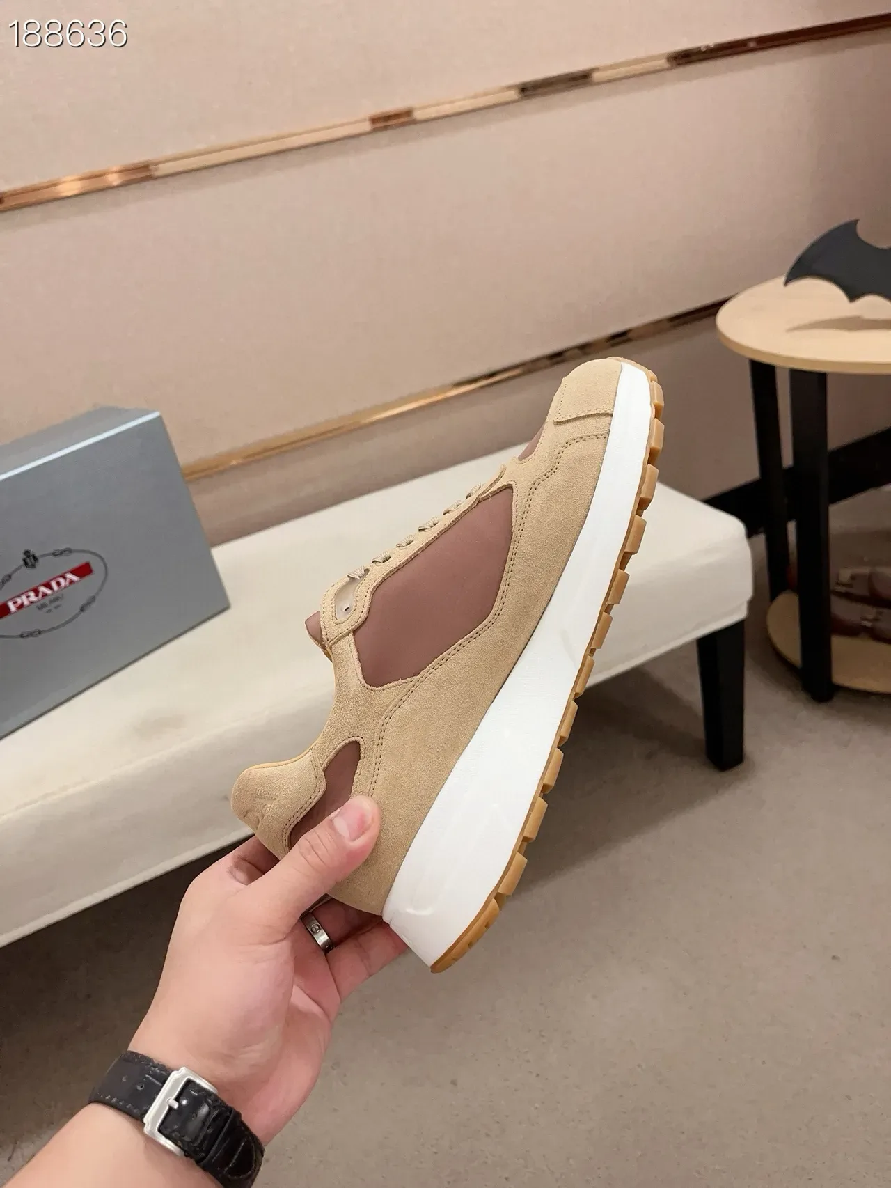 Prada Beige Brown Suede-Leather Panelled Triangular Logo Plaque Lifestyle Sneakers 8