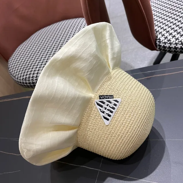 Prada Beige White Woven Straw Crown Ruffled Silk-Like Brim Bucket Hat 3