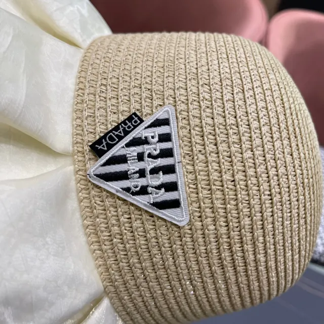 Prada Beige White Woven Straw Crown Ruffled Silk-Like Brim Bucket Hat 4