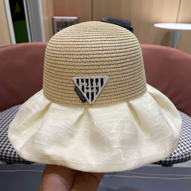Prada Beige White Woven Straw Crown Ruffled Silk-Like Brim Bucket Hat 5