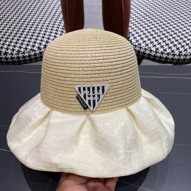Prada Beige White Woven Straw Crown Ruffled Silk-Like Brim Bucket Hat 6