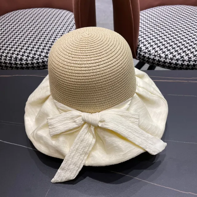 Prada Beige White Woven Straw Crown Ruffled Silk-Like Brim Bucket Hat 7