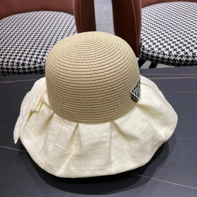 Prada Beige White Woven Straw Crown Ruffled Silk-Like Brim Bucket Hat 8