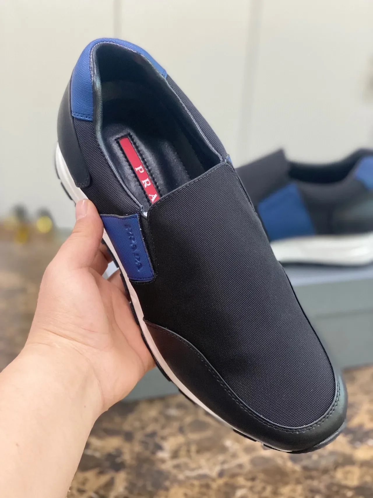 Prada Black Blue Slip-On Mesh-and-Leather Upper Lifestyle Sneakers 2