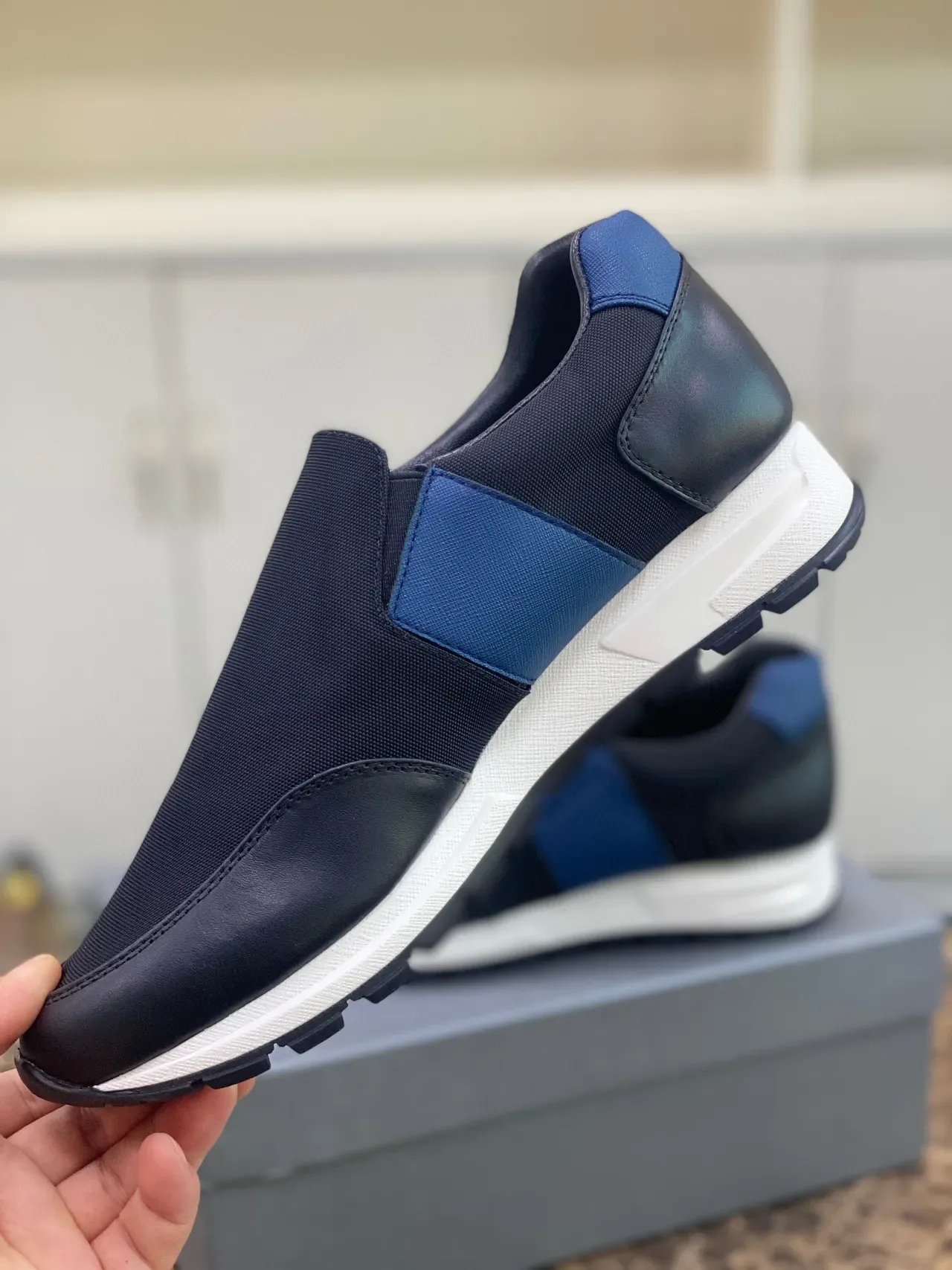 Prada Black Blue Slip-On Mesh-and-Leather Upper Lifestyle Sneakers 3