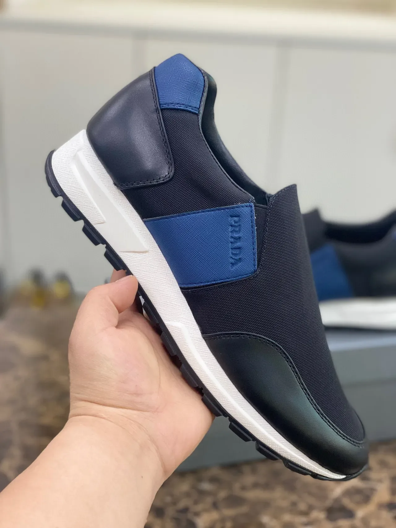 Prada Black Blue Slip-On Mesh-and-Leather Upper Lifestyle Sneakers 4