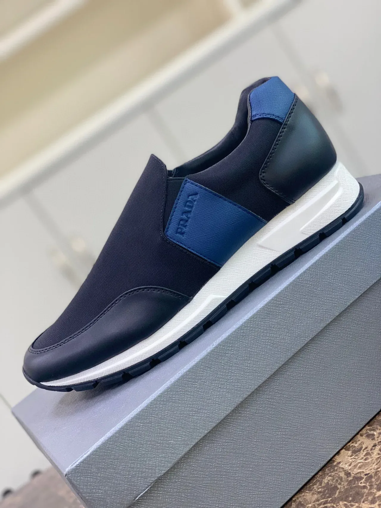 Prada Black Blue Slip-On Mesh-and-Leather Upper Lifestyle Sneakers 5