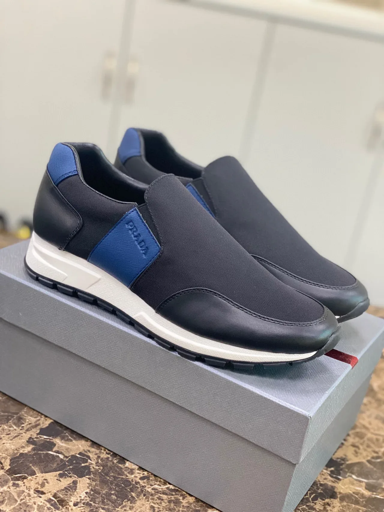 Prada Black Blue Slip-On Mesh-and-Leather Upper Lifestyle Sneakers 9