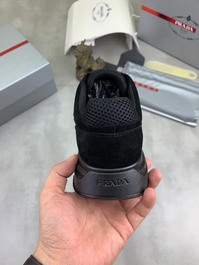 Prada Black Mesh And Suede Hybrid Upper Triangular Metal Logo Plaque Lifestyle Sneakers 3