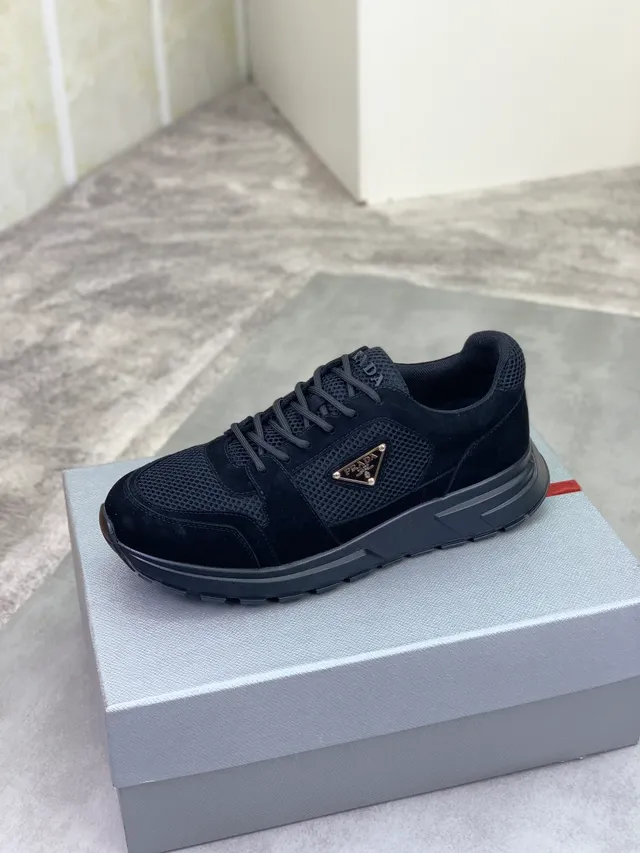 Prada Black Mesh And Suede Hybrid Upper Triangular Metal Logo Plaque Lifestyle Sneakers 4