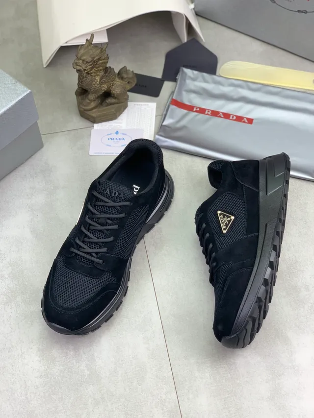 Prada Black Mesh And Suede Hybrid Upper Triangular Metal Logo Plaque Lifestyle Sneakers 5