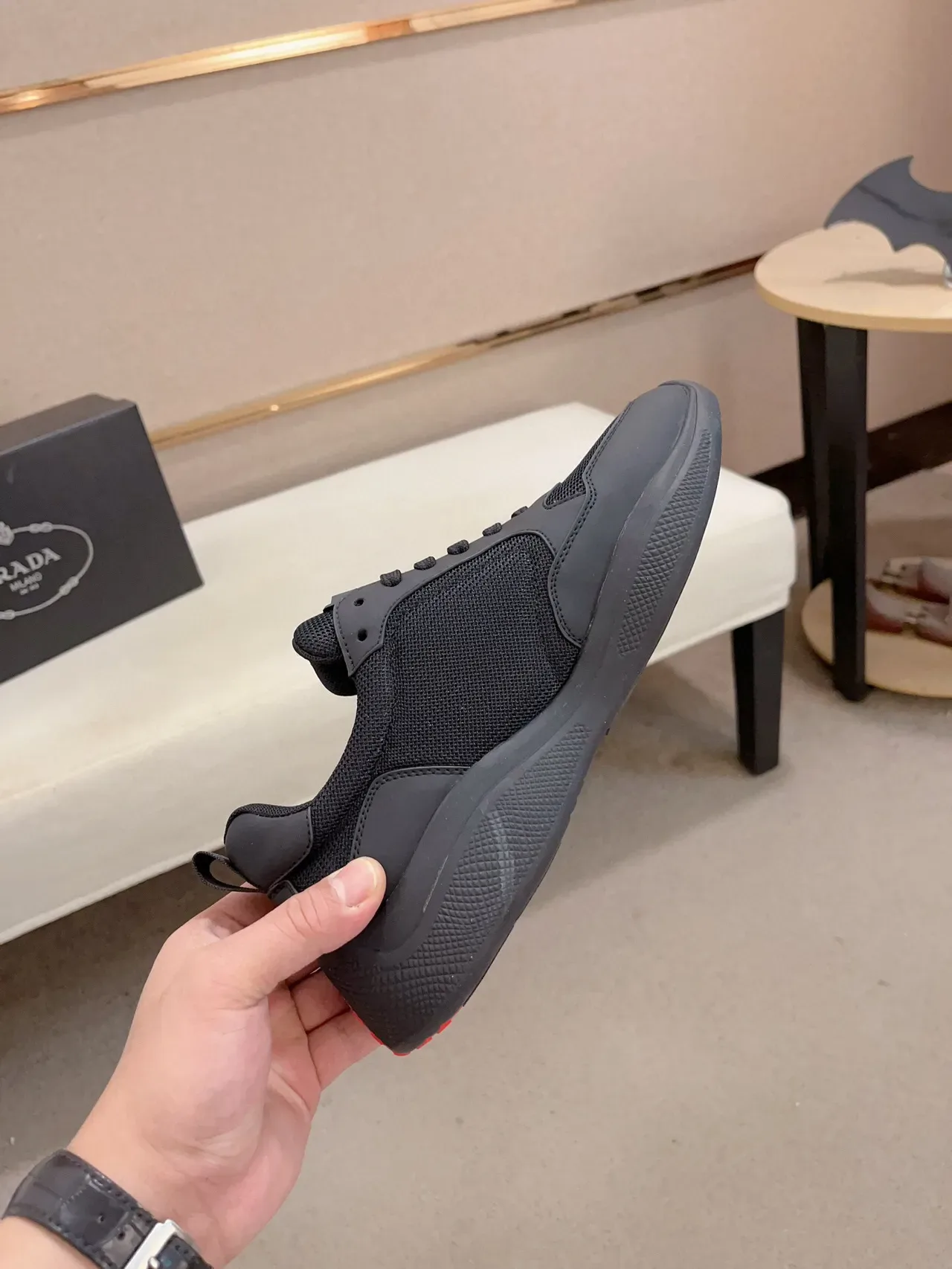 Prada Chaussures Lifestyle Noires Monochromes en Maille et Superposition Synthétique 5
