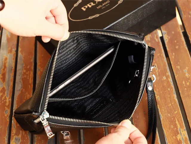 Prada Black Pebbled Leather Zip-Top Closure Envelope Clutch 2