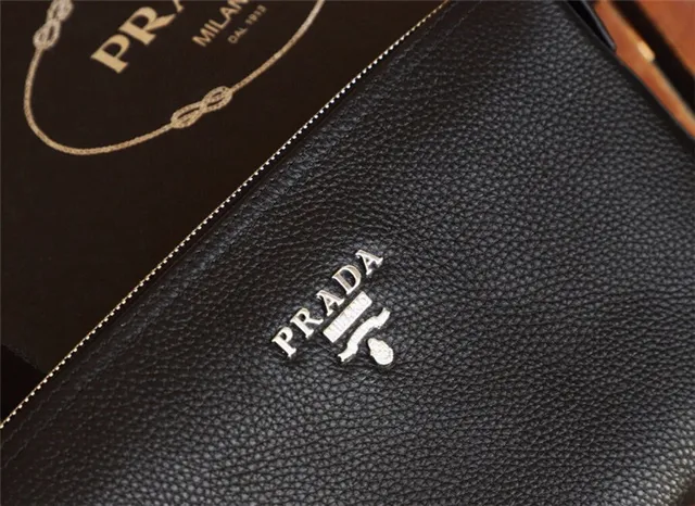 Prada Black Pebbled Leather Zip-Top Closure Envelope Clutch 3