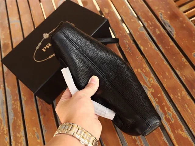 Prada Black Pebbled Leather Zip-Top Closure Envelope Clutch 5