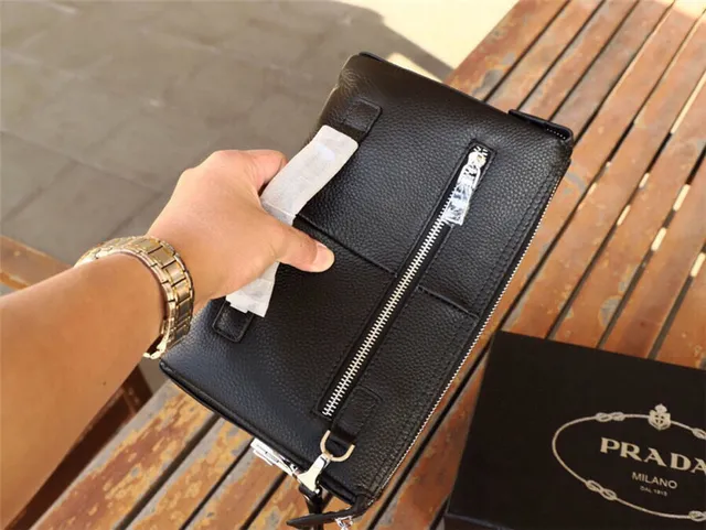 Prada Black Pebbled Leather Zip-Top Closure Envelope Clutch 6