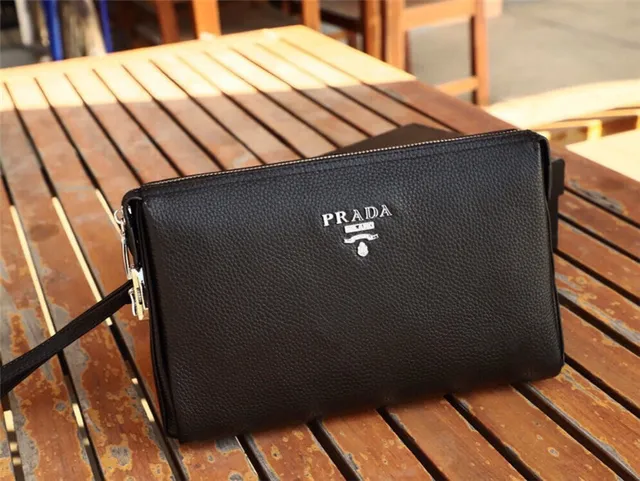 Prada Black Pebbled Leather Zip-Top Closure Envelope Clutch 7