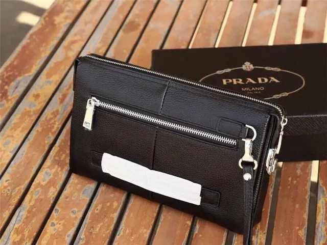 Prada Black Pebbled Leather Zip-Top Closure Envelope Clutch 8