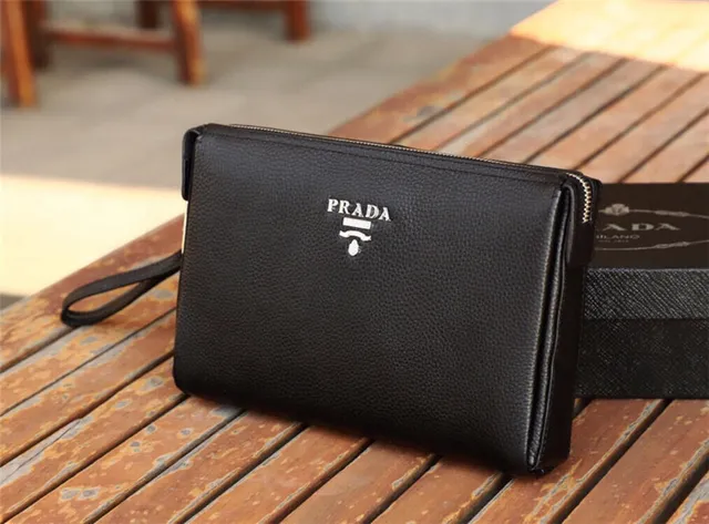 Prada Black Pebbled Leather Zip-Top Closure Envelope Clutch 9