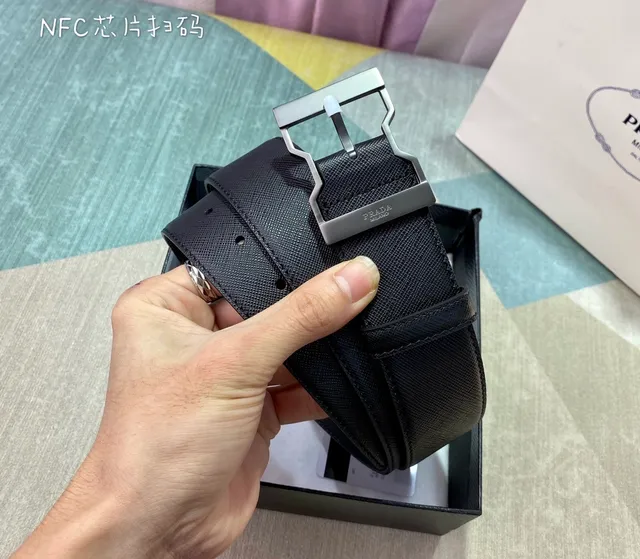 Prada Black Silver Saffiano Texture Geometric Buckle Leather Belt 3
