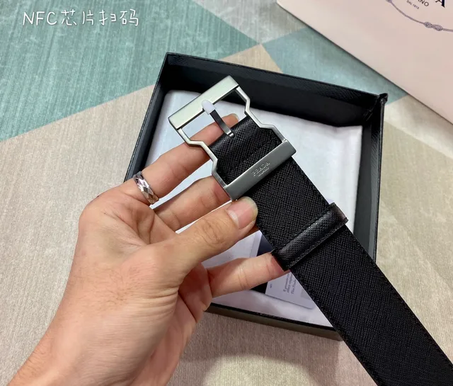 Prada Black Silver Saffiano Texture Geometric Buckle Leather Belt 4