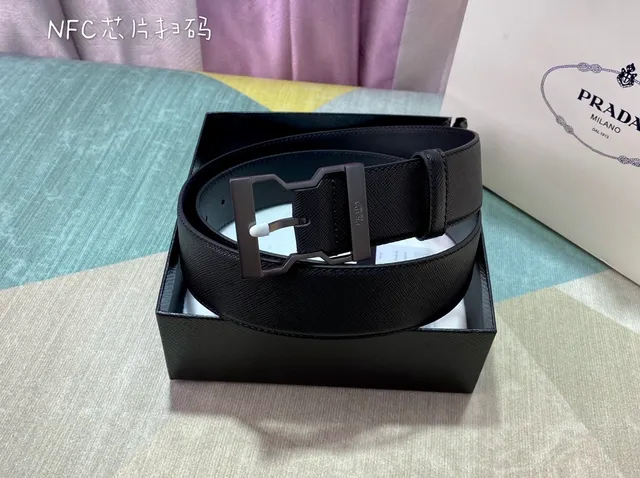Prada Black Silver Saffiano Texture Geometric Buckle Leather Belt 5
