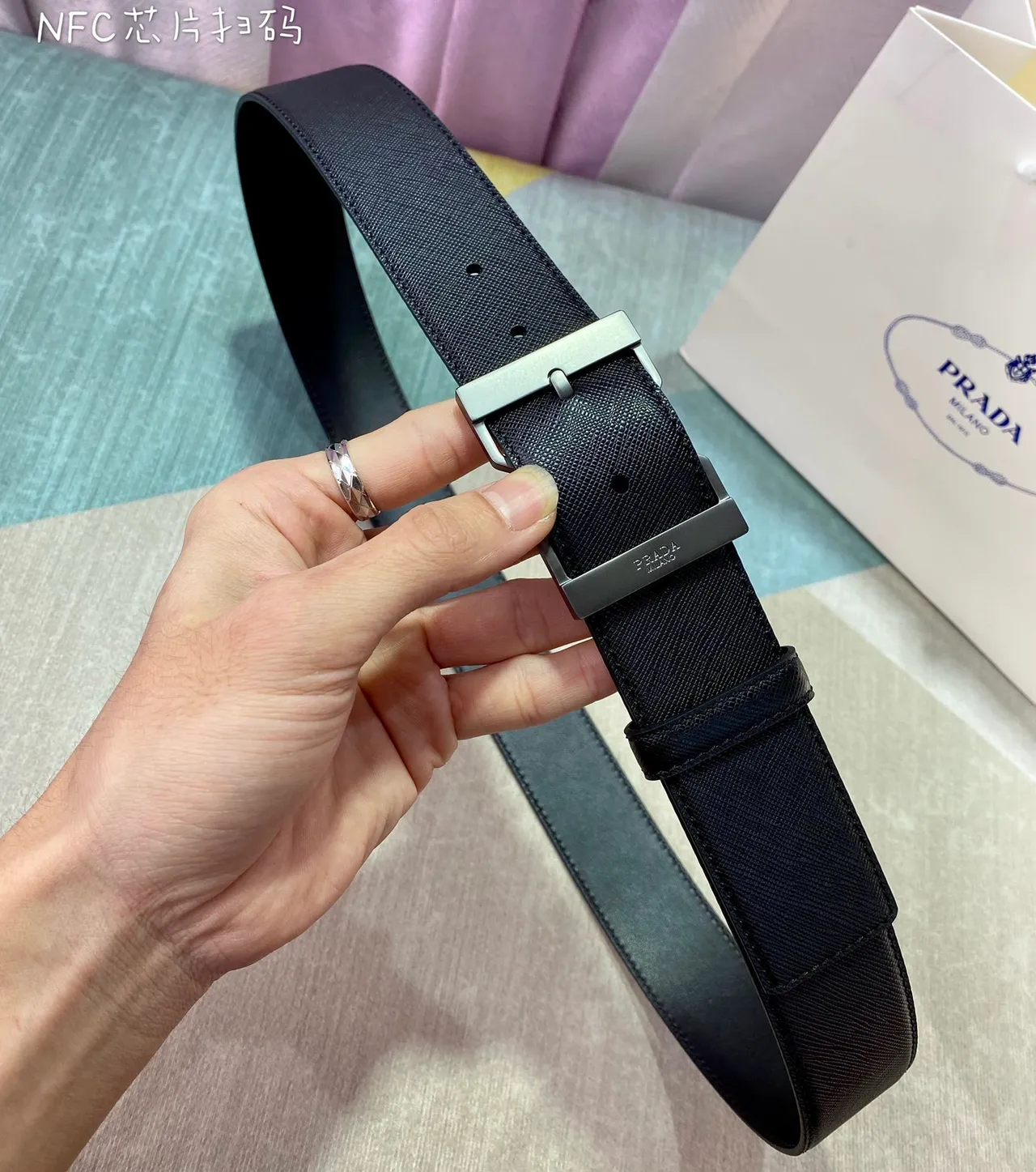 Prada Black Silver Saffiano Texture Geometric Buckle Leather Belt 6