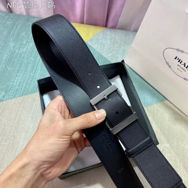 Prada Black Silver Saffiano Texture Geometric Buckle Leather Belt 7