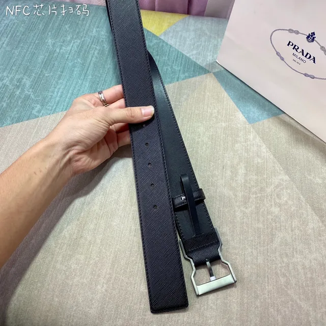 Prada Black Silver Saffiano Texture Geometric Buckle Leather Belt 8