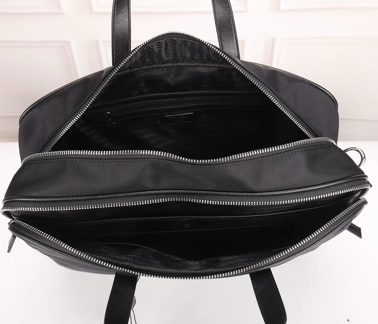 Prada Black Structured Nylon Body Saffiano Leather Trim Boston Bag 2