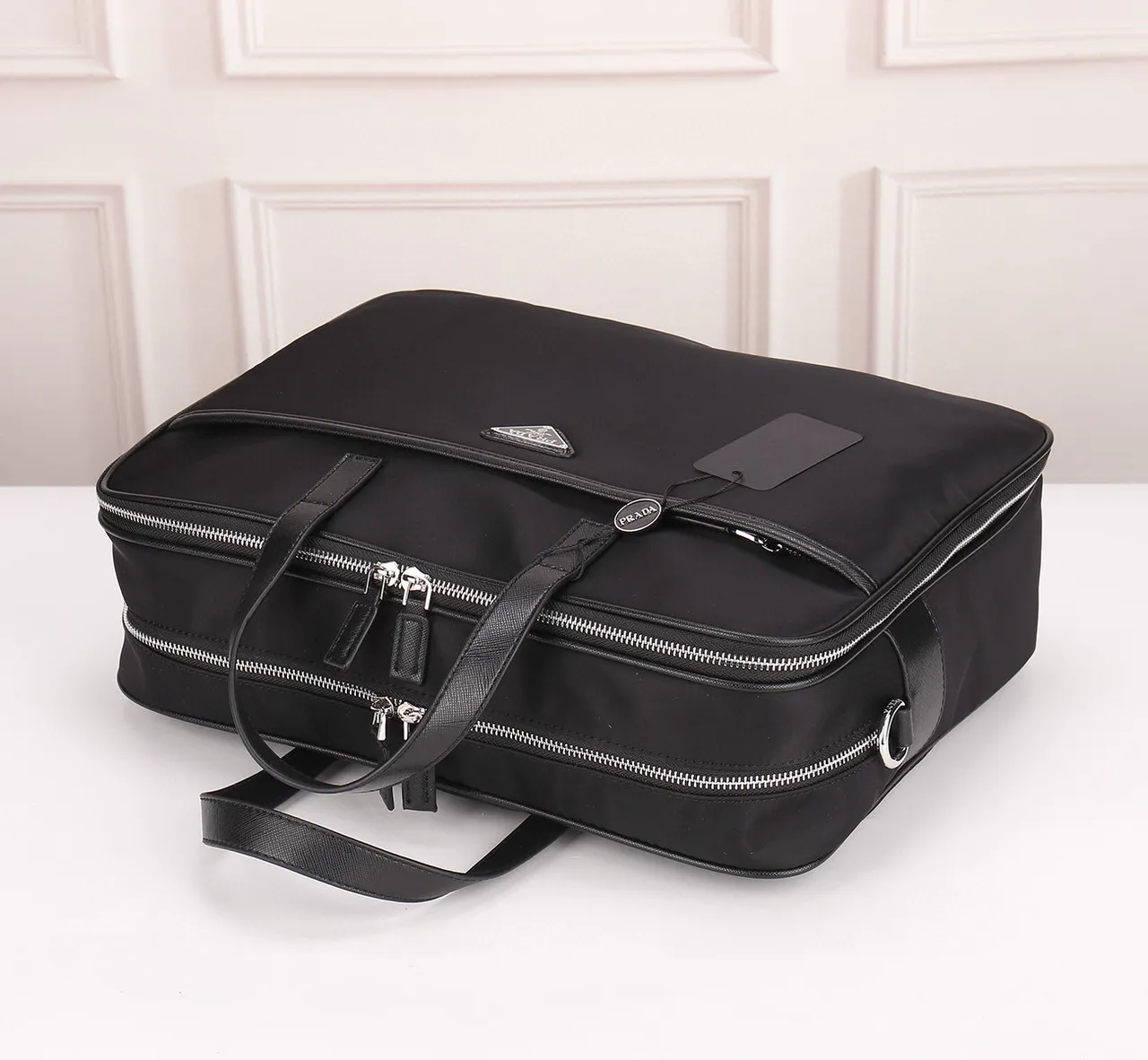 Prada Black Structured Nylon Body Saffiano Leather Trim Boston Bag 6
