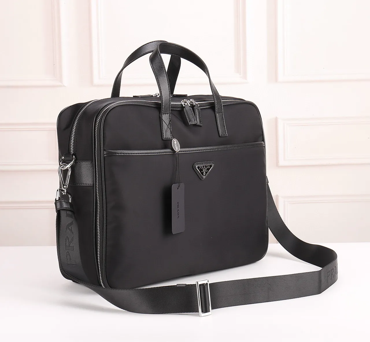 Prada Black Structured Nylon Body Saffiano Leather Trim Boston Bag 9