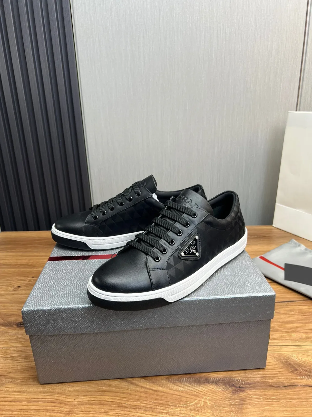 Prada Black White Leather Upper Geometric Quilted Panel Lifestyle Sneakers 3