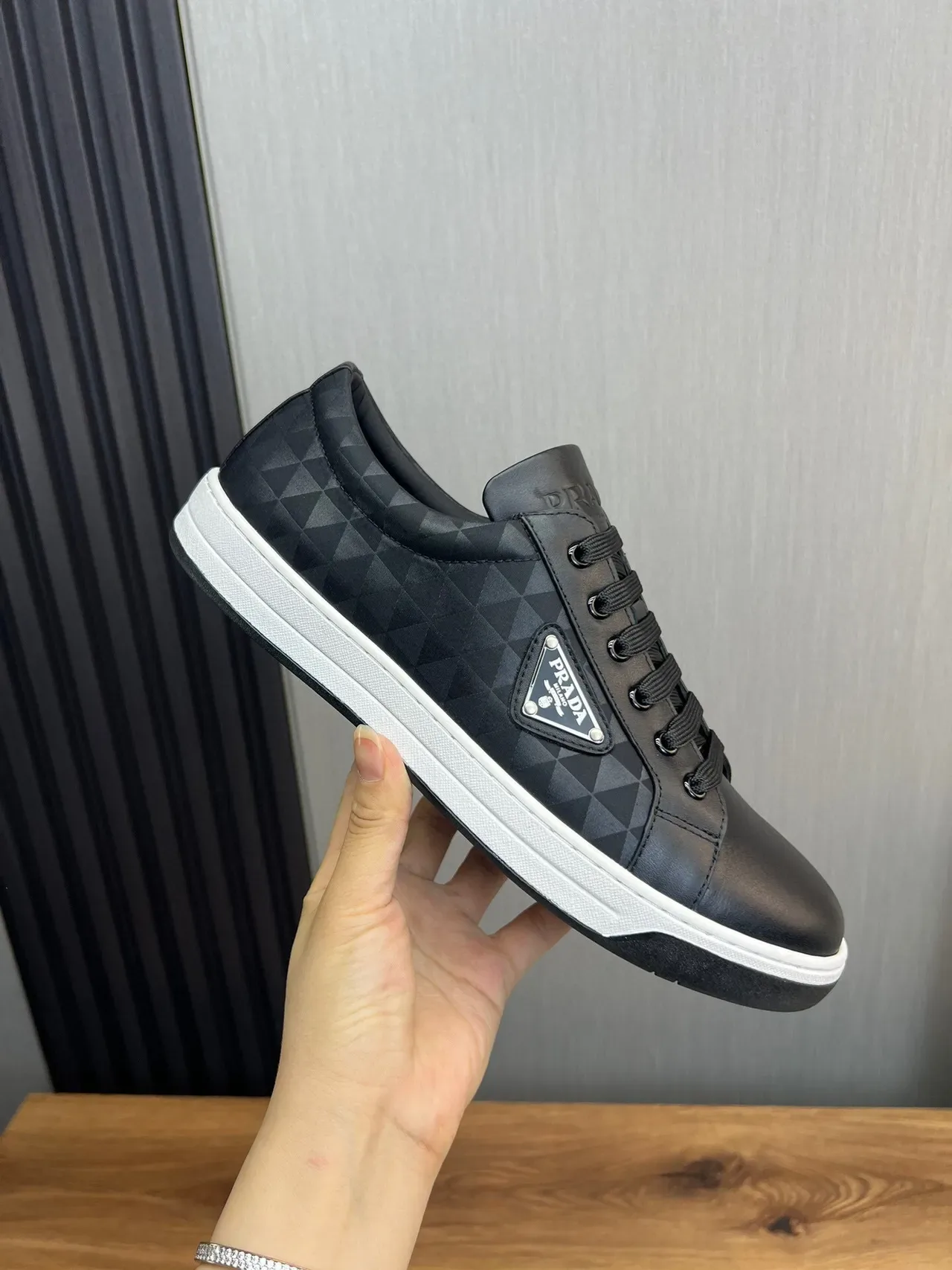 Prada Black White Leather Upper Geometric Quilted Panel Lifestyle Sneakers 4