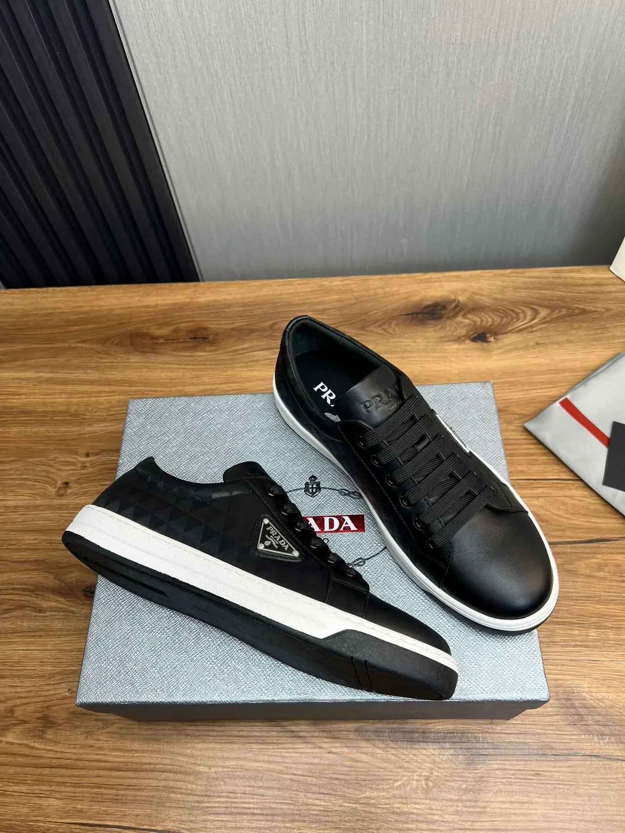 Prada Black White Leather Upper Geometric Quilted Panel Lifestyle Sneakers 5