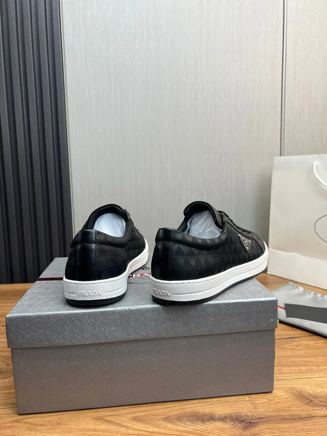 Prada Black White Leather Upper Geometric Quilted Panel Lifestyle Sneakers 6