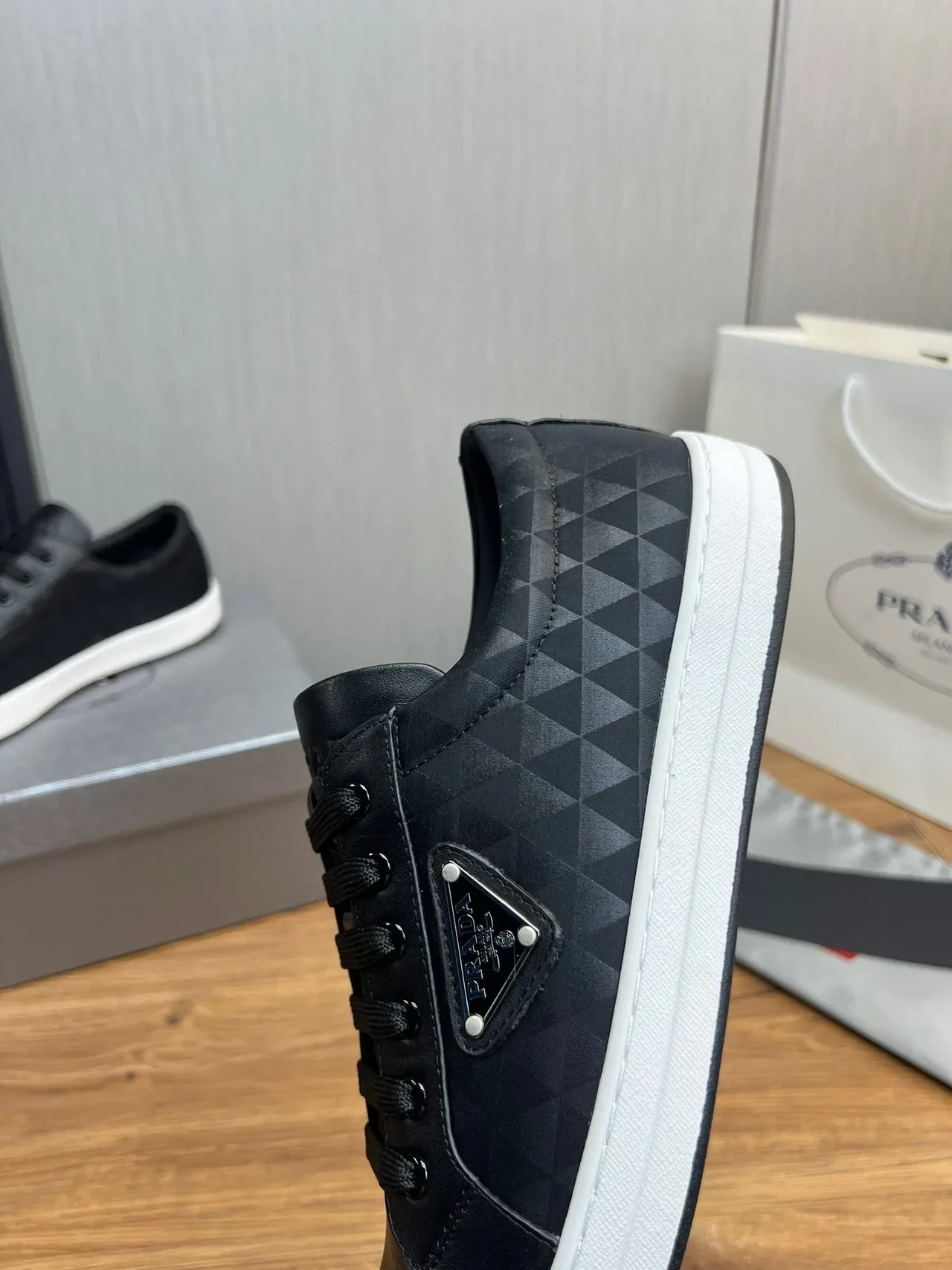Prada Black White Leather Upper Geometric Quilted Panel Lifestyle Sneakers 7