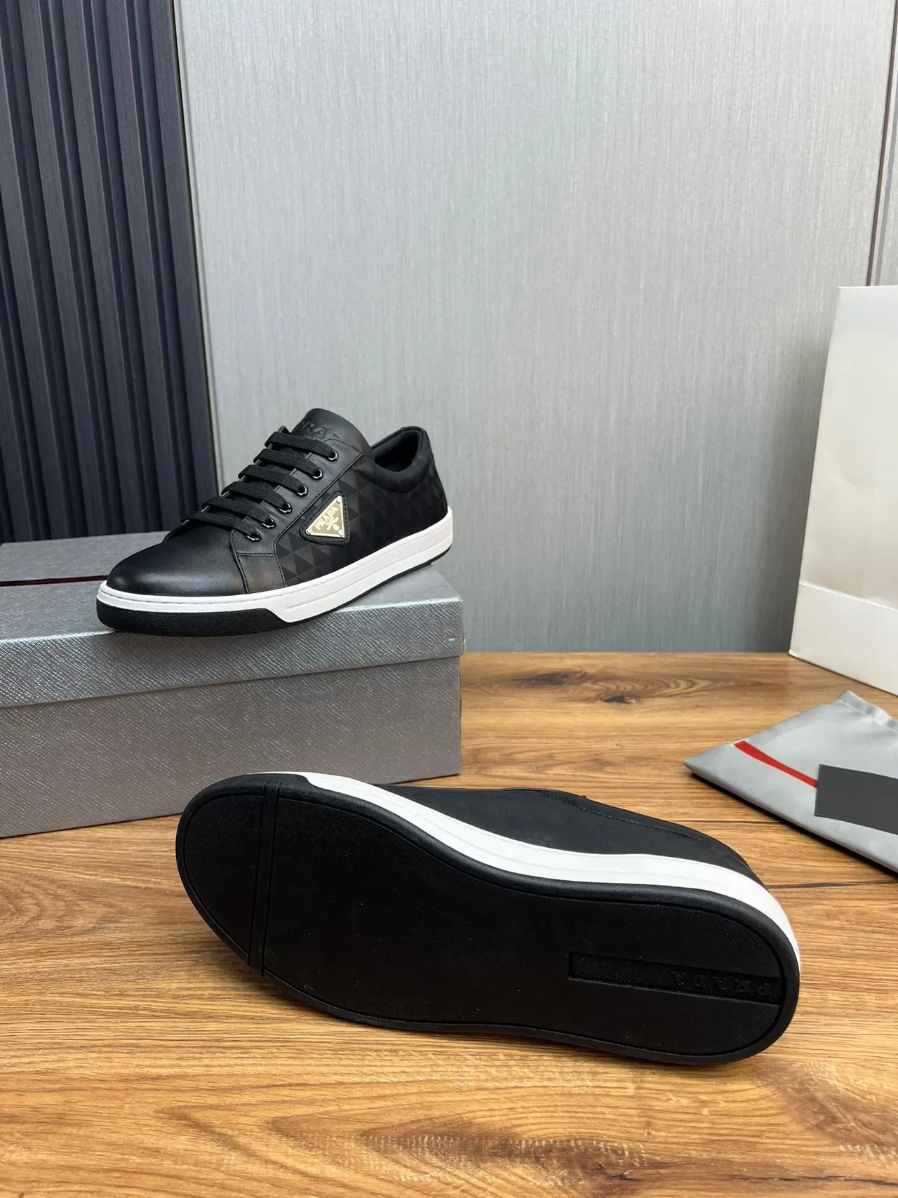 Prada Black White Leather Upper Geometric Quilted Panel Lifestyle Sneakers 9