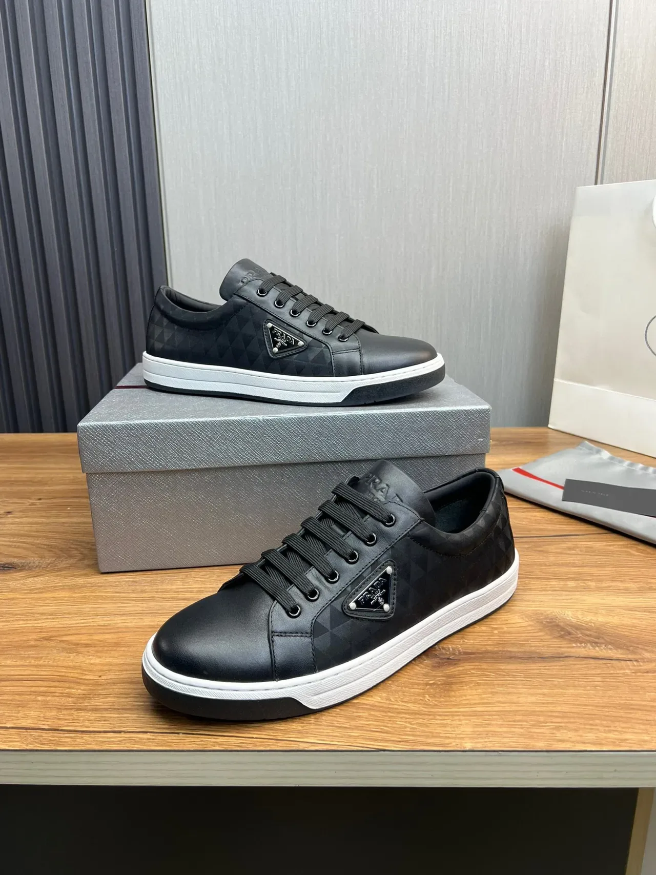 Prada Black White Leather Upper Geometric Quilted Panel Lifestyle Sneakers 10