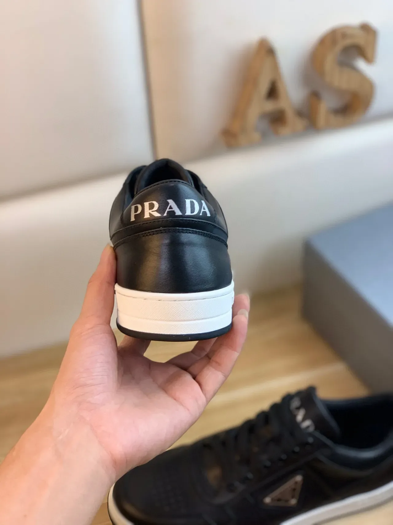 Prada Black White Leather Upper Triangular Metal Logo Plaque Lifestyle Sneakers 2