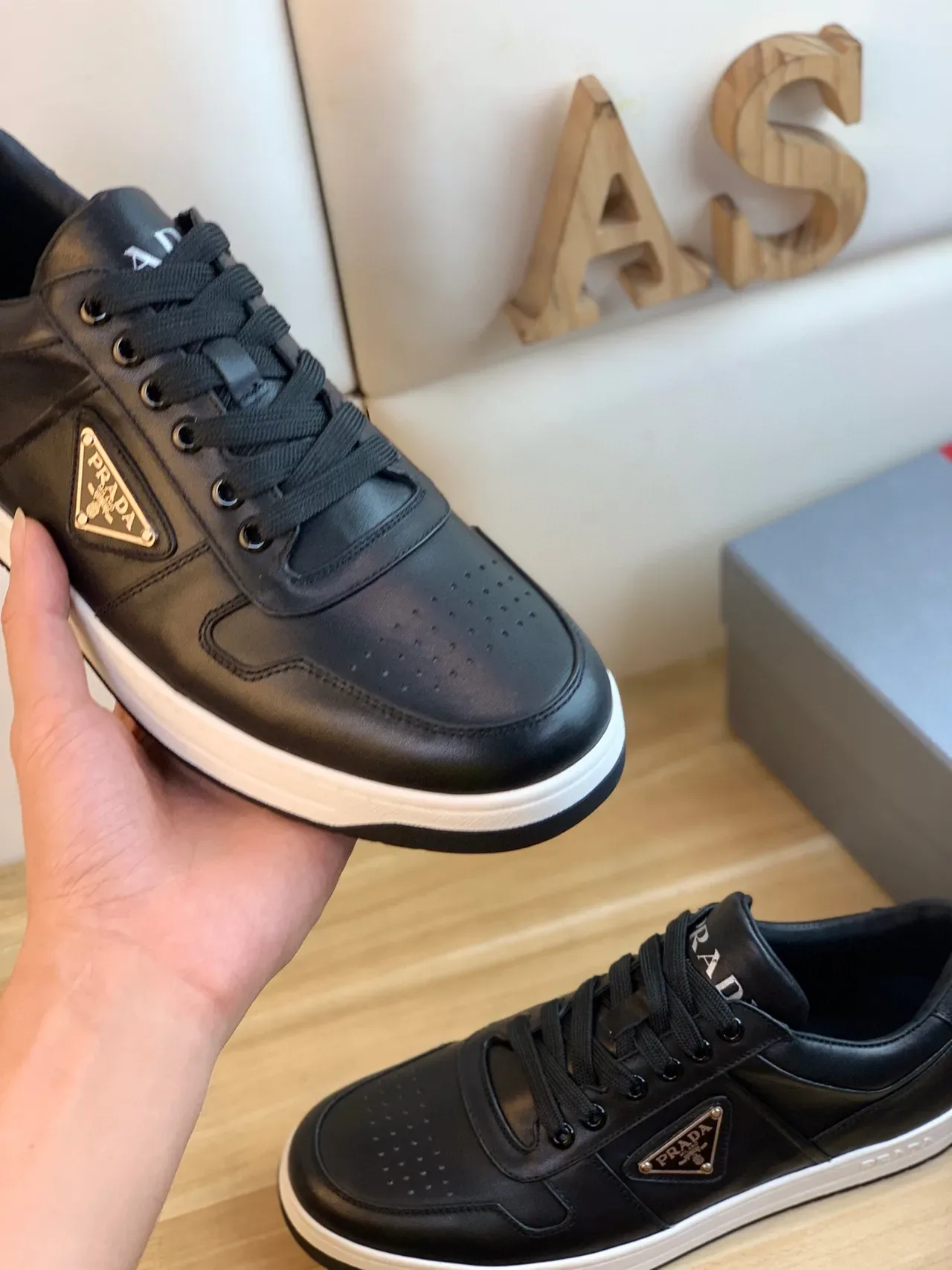 Prada Black White Leather Upper Triangular Metal Logo Plaque Lifestyle Sneakers 5