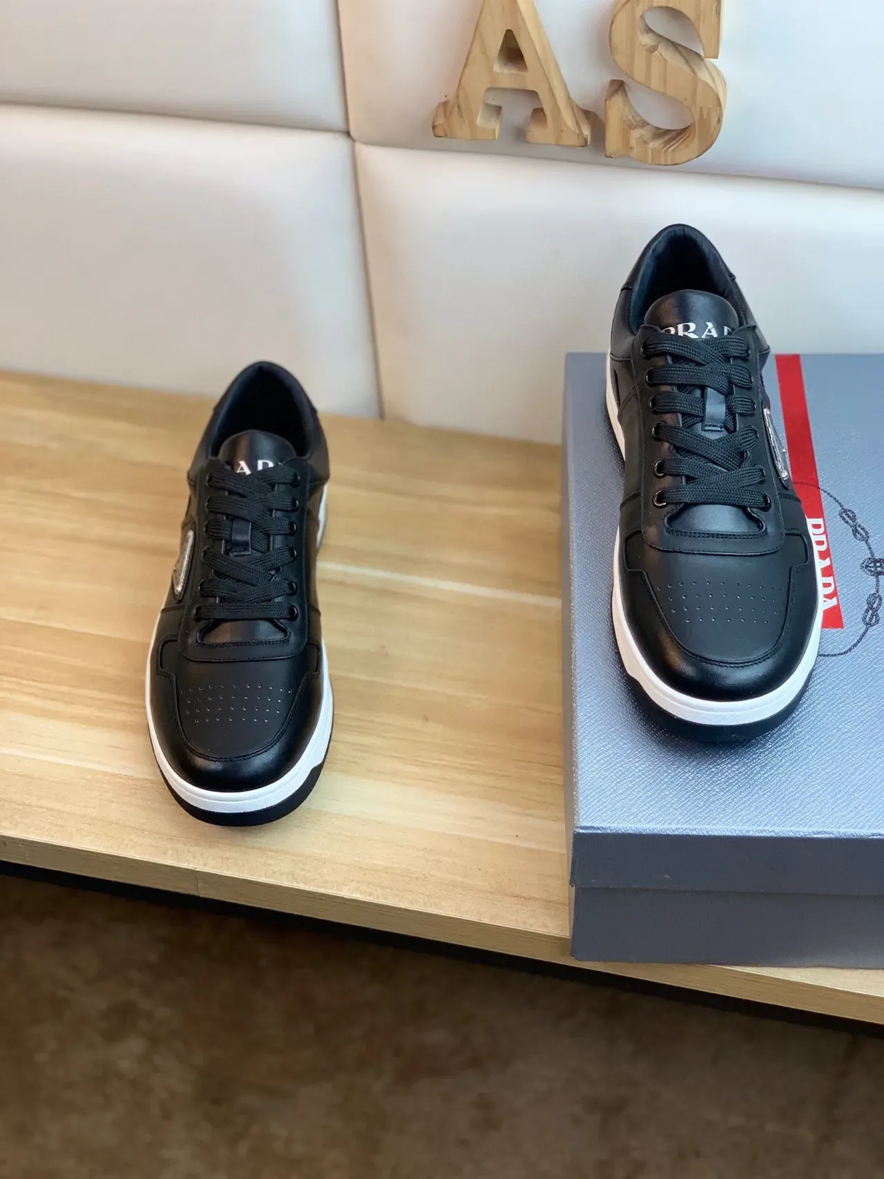Prada Black White Leather Upper Triangular Metal Logo Plaque Lifestyle Sneakers 6