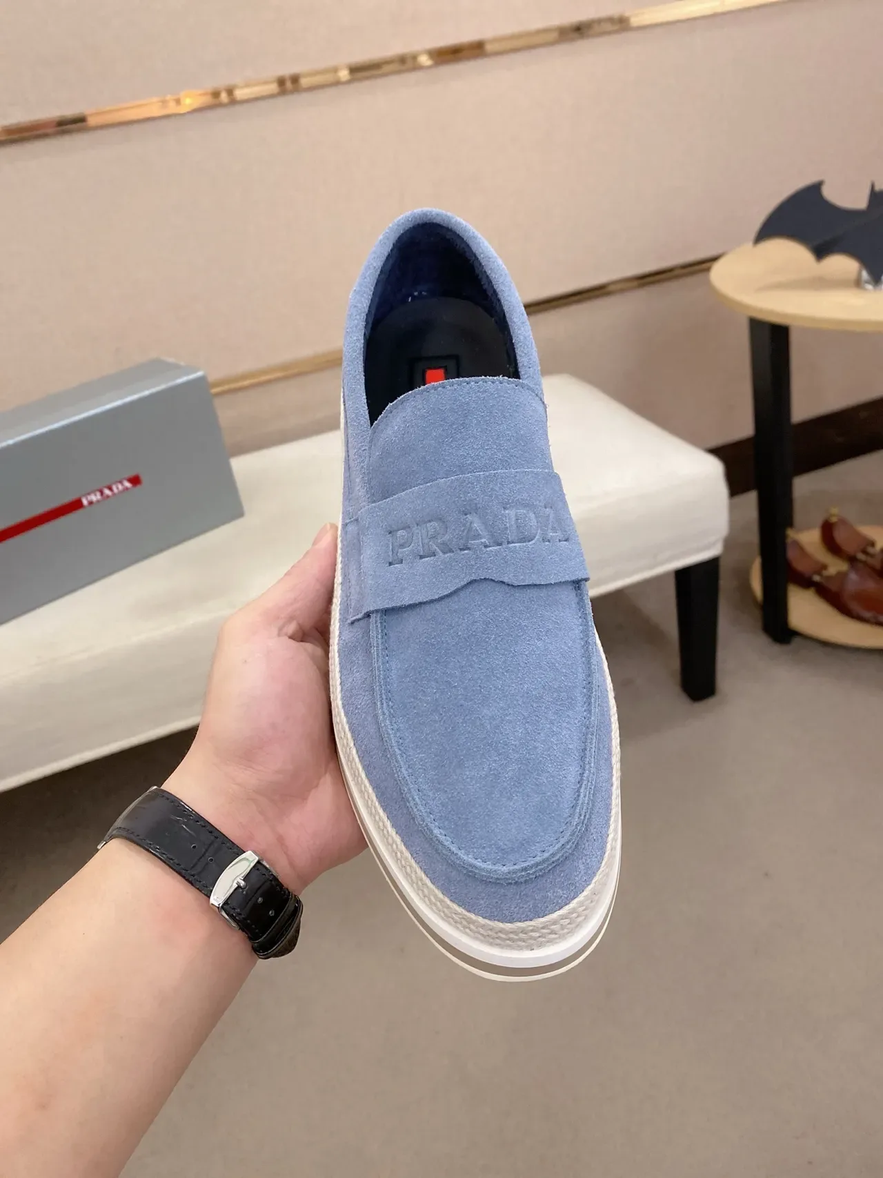 Prada Blue Beige Suede Upper Jute-Wrapped Platform Sole Loafer 5