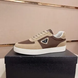 Prada Brown Beige Panelled Suede And Leather Triangular Logo Patch Lifestyle Sneakers