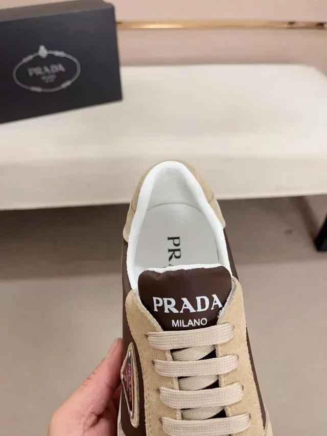 Prada Brown Beige Panelled Suede And Leather Triangular Logo Patch Lifestyle Sneakers 4