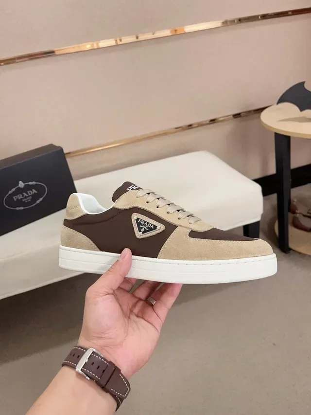 Prada Brown Beige Panelled Suede And Leather Triangular Logo Patch Lifestyle Sneakers 5